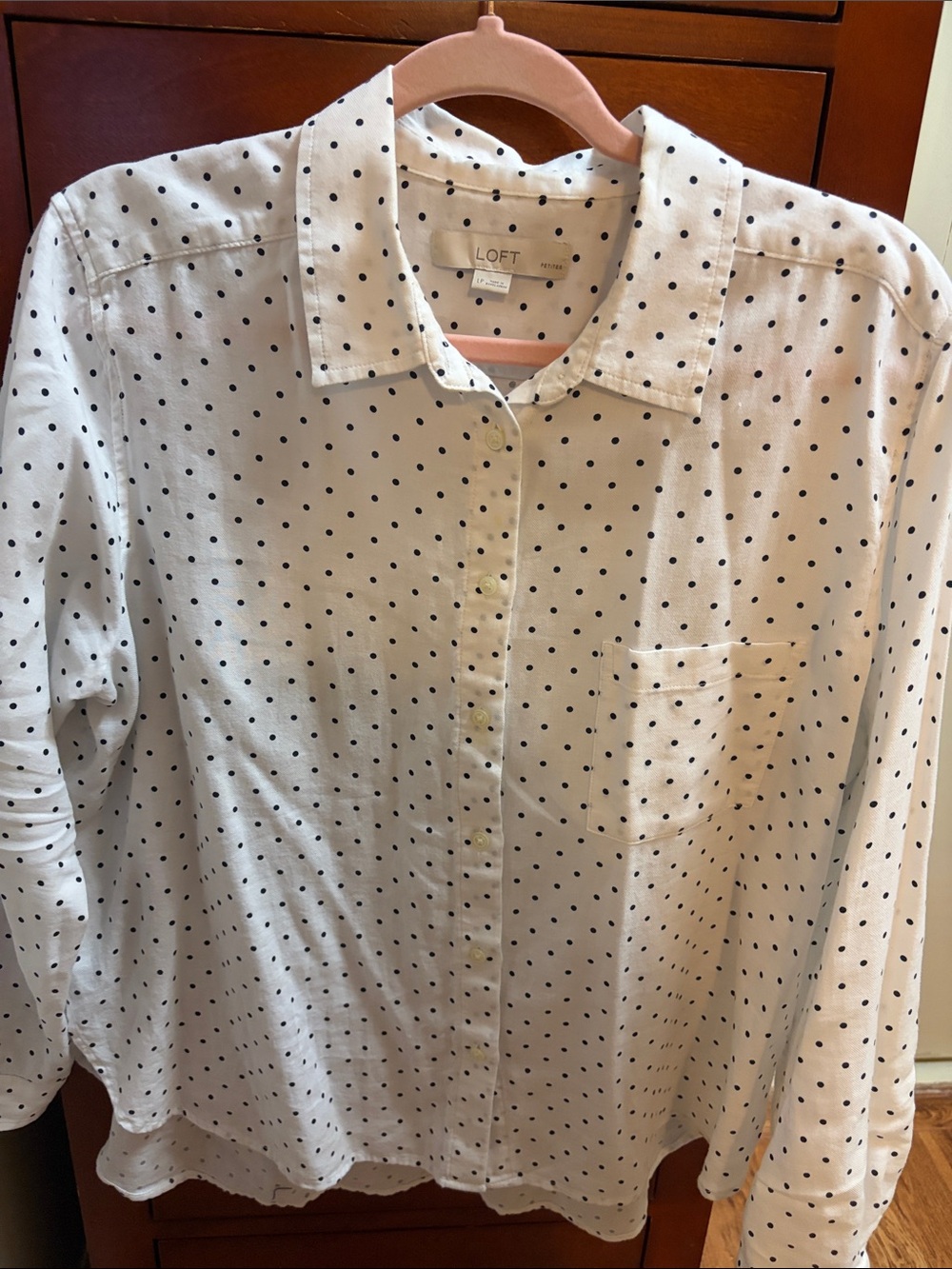 LOFT White Shirt with Navy Polka Dots - Casual Button-Down